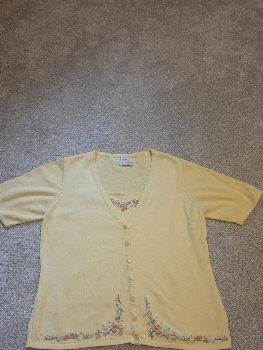 Light Yellow Short-Sleeve Floral Trim Cardigan